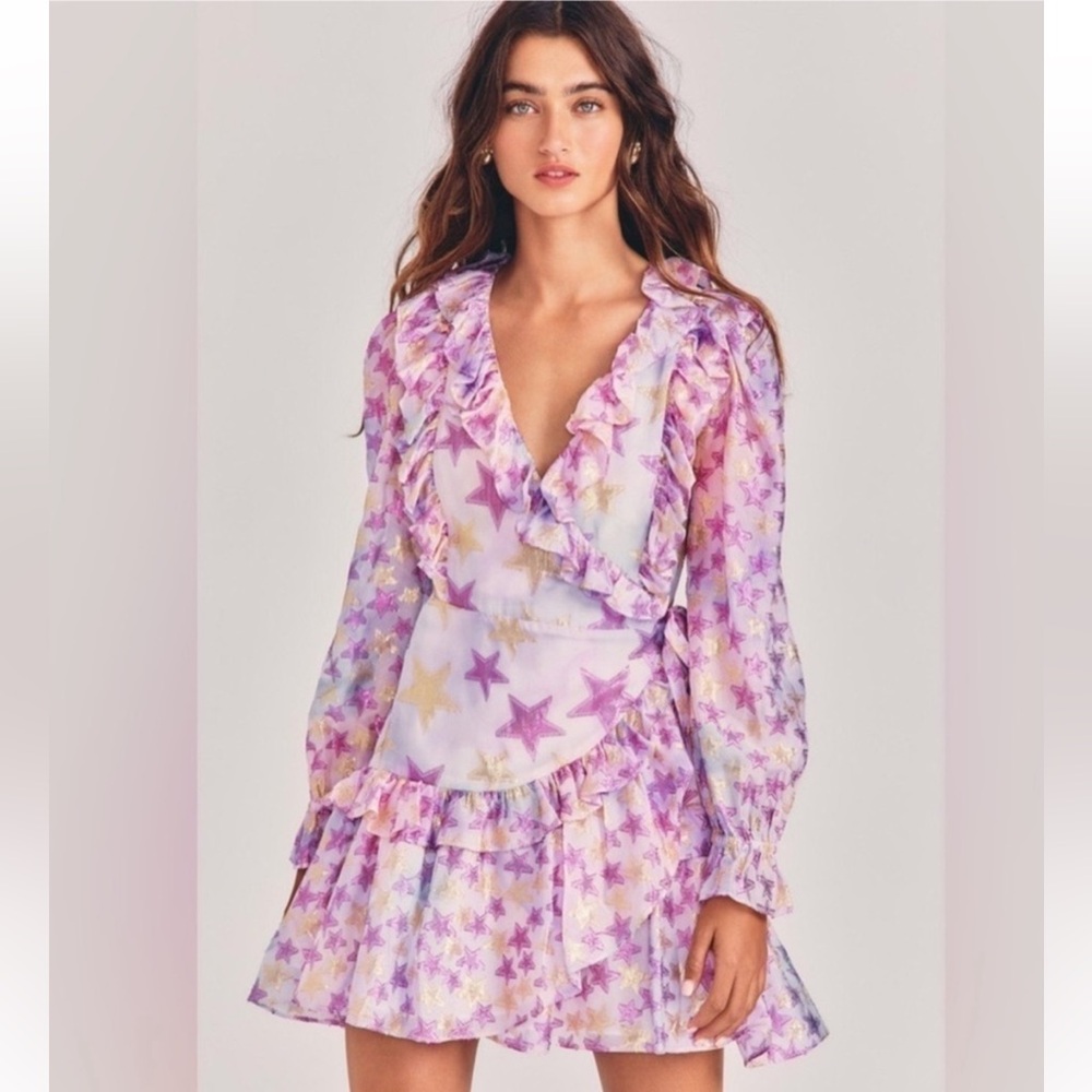 Loveshackfancy Findlay wrap dress purple metallic star